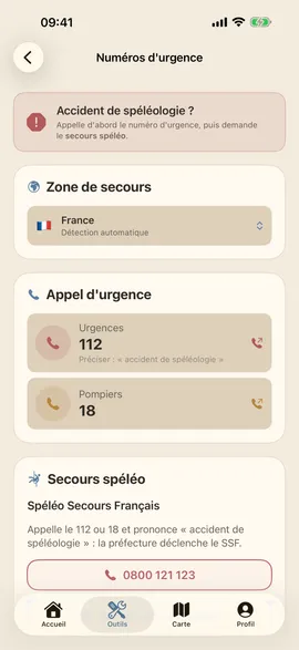 Écran des numéros d'urgence d'Echo Cave : zone de secours, appels d'urgence et Spéléo Secours Français.