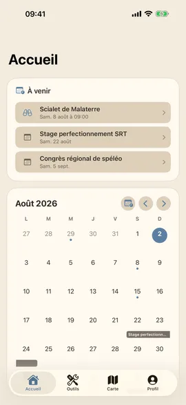 Écran d'accueil d'Echo Cave : sorties à venir et calendrier des sorties du mois.
