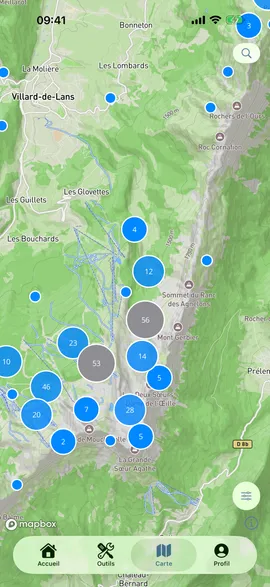 Carte d'Echo Cave : cavités regroupées en pastilles sur le massif du Vercors, utilisable hors-ligne.