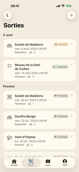 Carnet de sorties d'Echo Cave : sorties à venir et passées, avec leur statut.